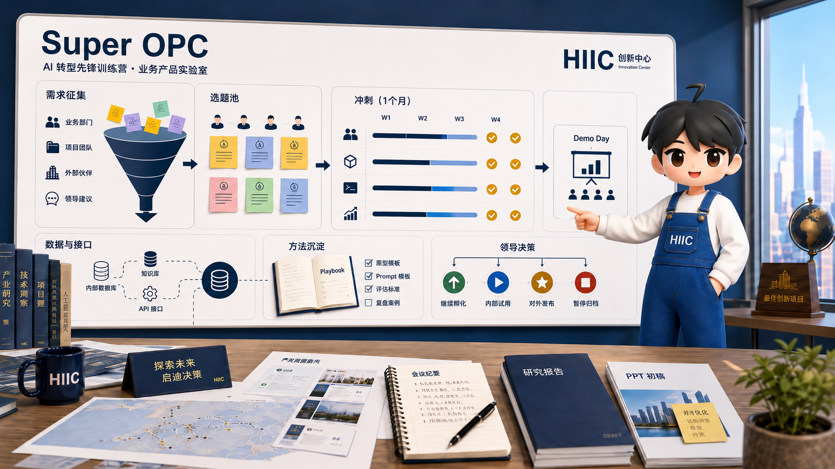 小七站在 Super OPC 作战板旁，展示需求征集、选题池、1 个月冲刺、数据接口、方法沉淀和领导决策